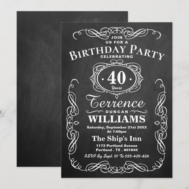 Invitation Typographie branchée Chalkboard fête d'anniversair (Devant / Derrière)