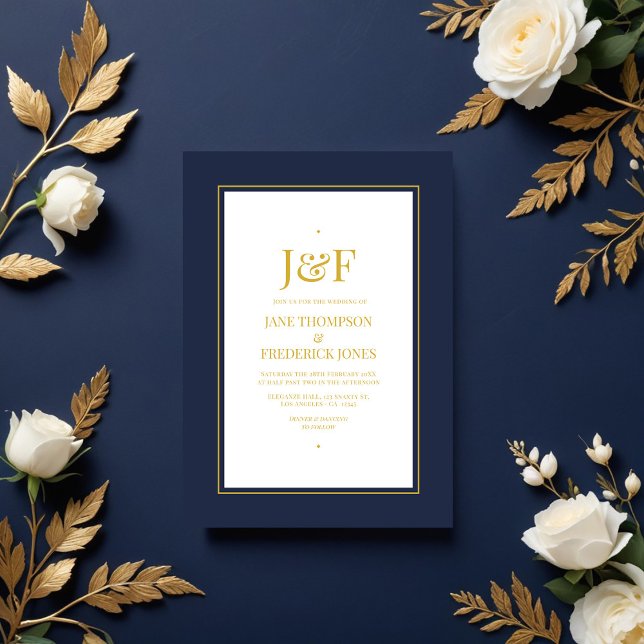 Invitation Typographie branchée Marine et mariage d'or Invita (Trendy Typography Navy and Gold Wedding Invitation)