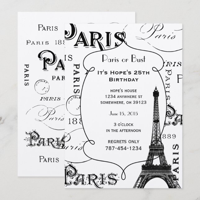 Invitation Typographie Calligraphie Paris France Tour Eiffel (Devant / Derrière)