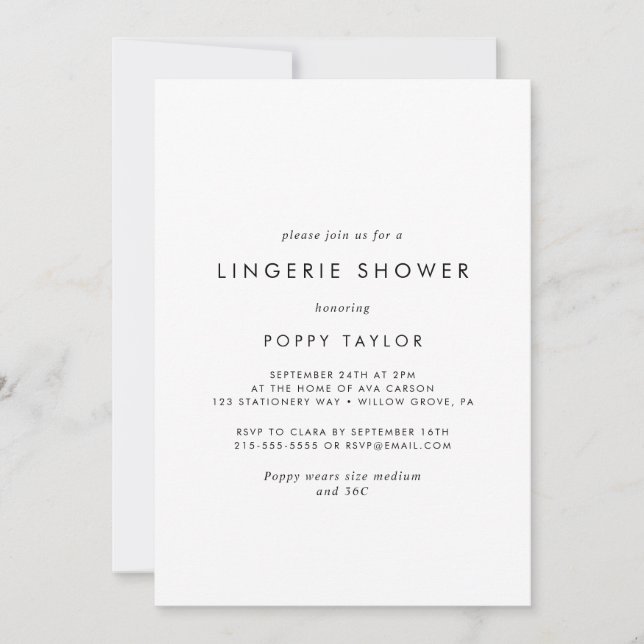 Invitation Typographie Chic Lingerie Douche (Devant)