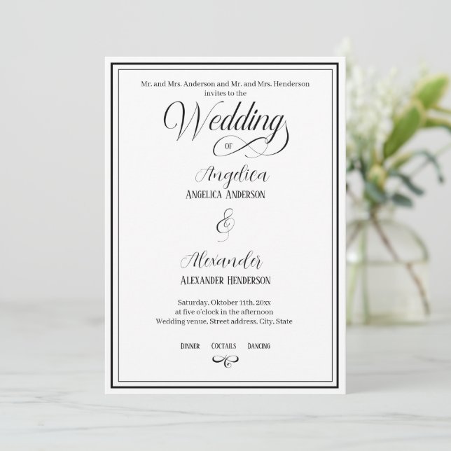 Invitation Typographie classique Noir sur blanc Mariage forme (Debout devant)