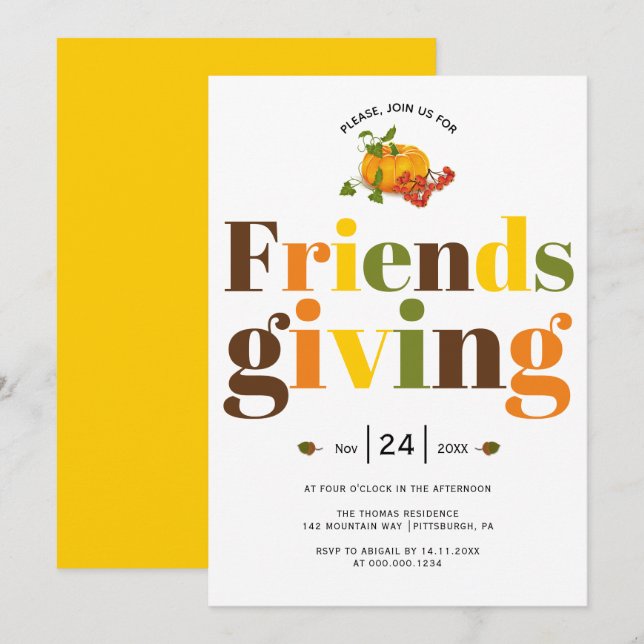Invitation Typographie colorée citrouille Friendsgiving (Devant / Derrière)