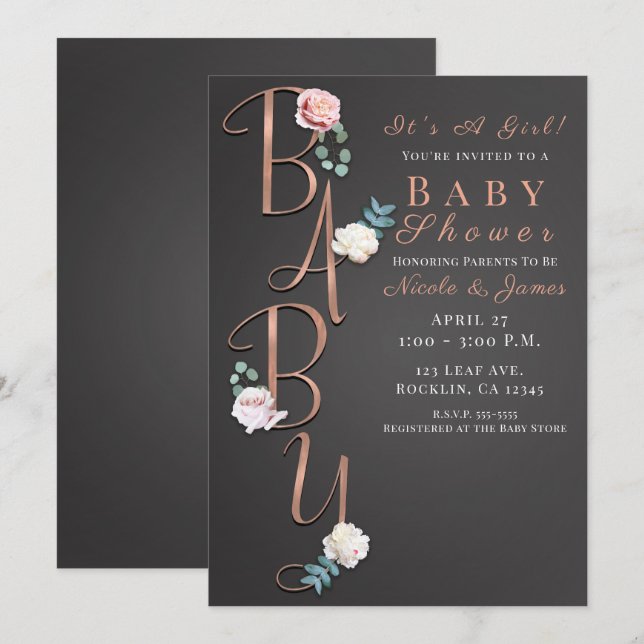 Invitation Typographie de Baby Shower Floral Moderne Gris Fon (Devant / Derrière)
