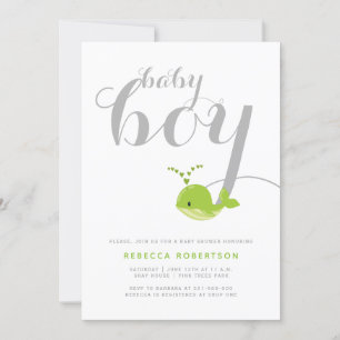 Invitation Typographie de baleine verte mignonne bébé garçon