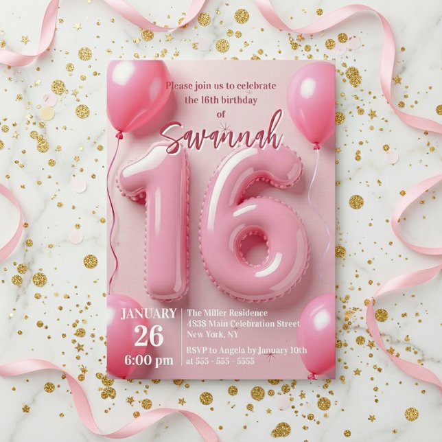 Invitation Typographie de ballon en feuille rose pour 16e ann (Créateur téléchargé)