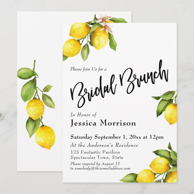 Invitation Typographie de brunch nuptiale des citrons aquarel (Devant / Derrière)