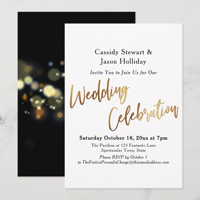 Invitation Typographie de célébration de mariage en or, Bokeh (Devant / Derrière)