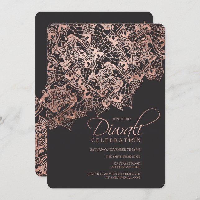 Invitation Typographie de Diwali faux mandala d'or rose sur g (Devant / Derrière)