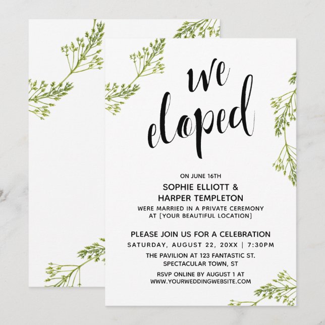 Invitation Typographie de fuite botanique Post-mariage (Devant / Derrière)