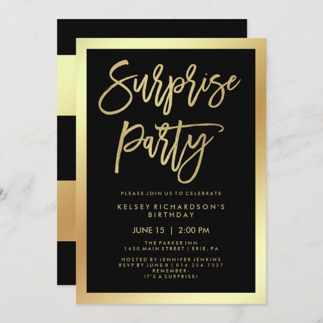 Invitation Typographie de Glam Faux et Black Surprise Party (Devant / Derrière)