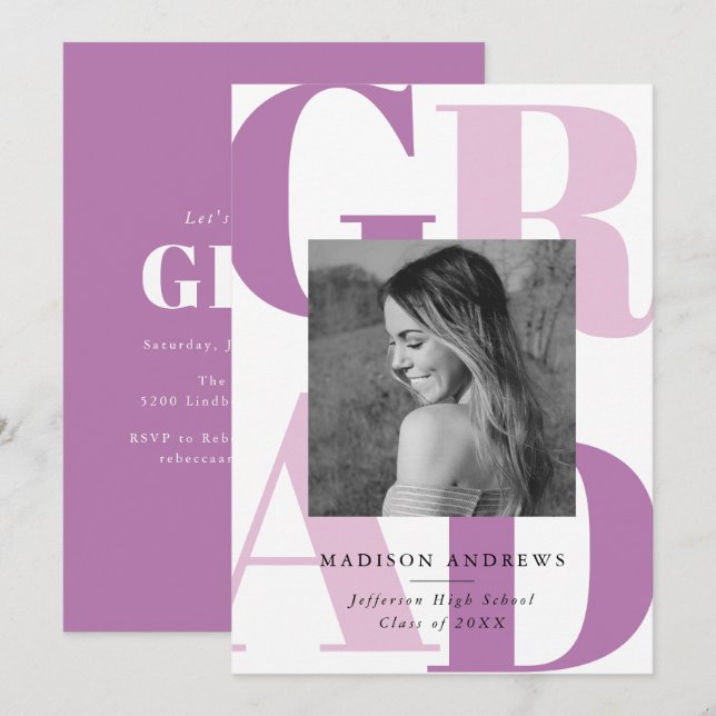 Invitation Typographie de graduation violet gras Photo Fête d (Devant / Derrière)