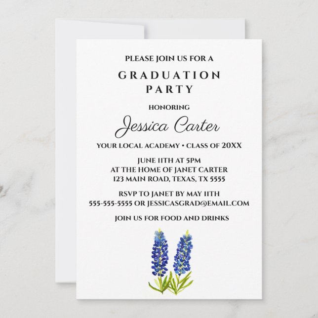Invitation Typographie de la fête de graduation florale Blueb (Devant)