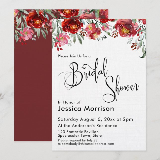 Invitation Typographie de la fête prénuptiale Fleurs rouge bo (Devant / Derrière)