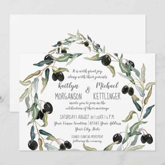 Invitation Typographie de l'aquarelle de feuille d'olive 5x7 (Devant / Derrière)