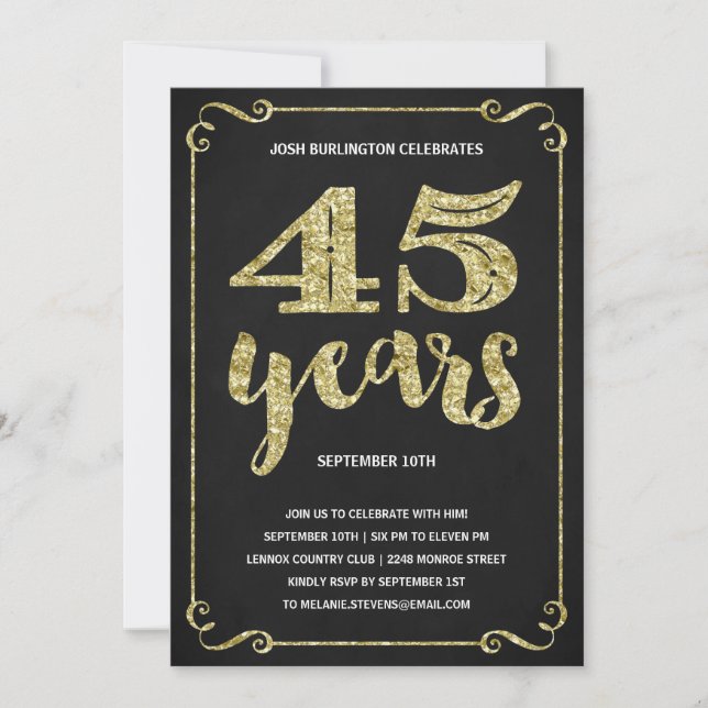 Invitation Typographie de l'or| Faux Foil 45e anniversaire (Devant)