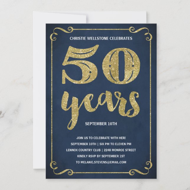 Invitation Typographie de l'or | Faux Foil 50e fête d'anniver (Devant)