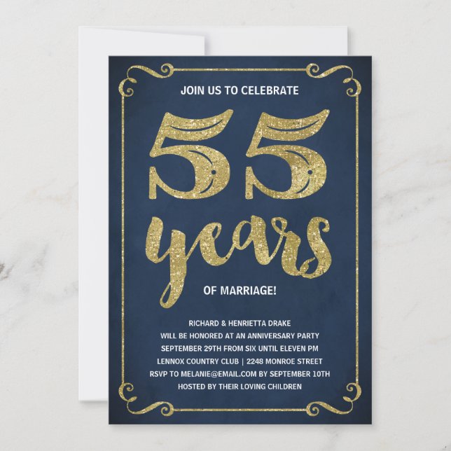 Invitation Typographie de l'or | Faux Foil 55e anniversaire (Devant)