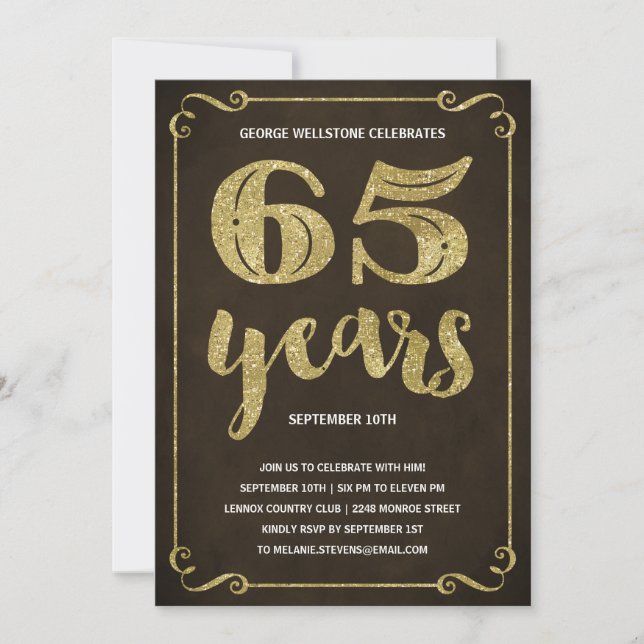 Invitation Typographie de l'or | Faux Foil 65e fête d'anniver (Devant)