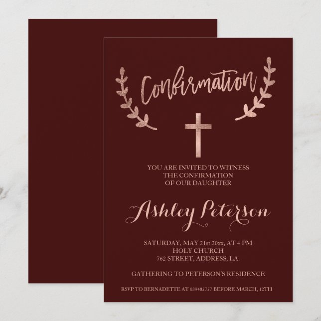Invitation Typographie de l'or Rose confirmation de la Bourgo (Devant / Derrière)
