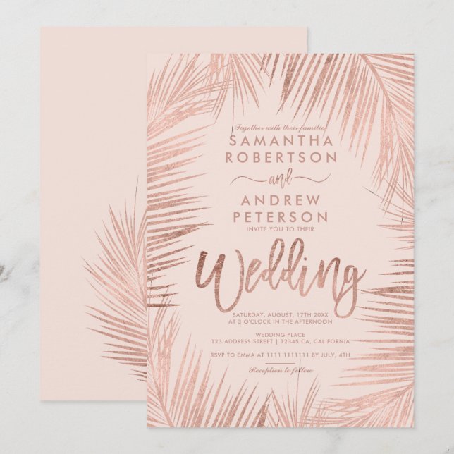 Invitation Typographie de l'or Rose palmiers mariage rose (Devant / Derrière)