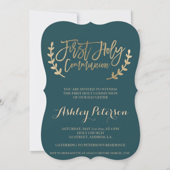 Invitation Typographie de l'or verte Première communion saint (Devant)