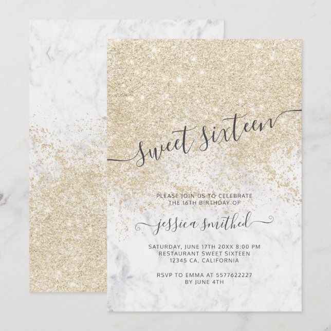 Invitation typographie de marbre à paillettes dorées clair Sw (Devant / Derrière)