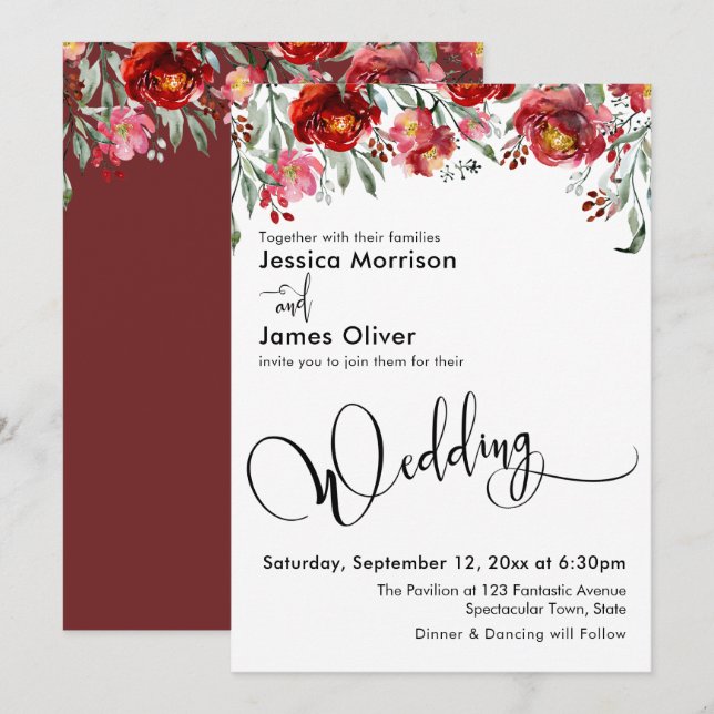 Invitation Typographie de mariage avec des fleurs rouges de B (Devant / Derrière)