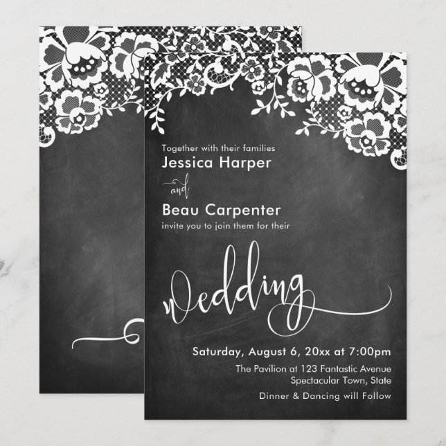 Invitation Typographie de mariage, dentelle blanche sur table (Devant / Derrière)