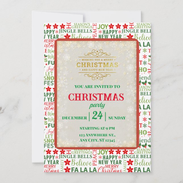 Invitation Typographie de Noël Rouge & Vert Motif sans coutur (Devant)