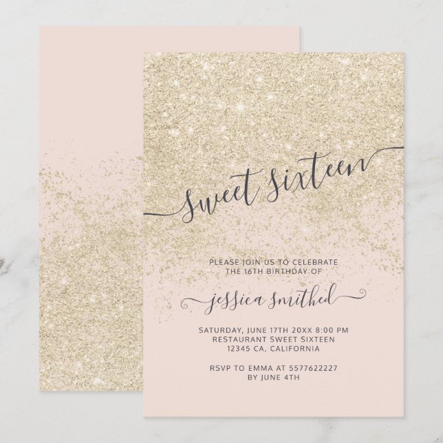 Invitation typographie de parties scintillant en or clair ros (Devant / Derrière)