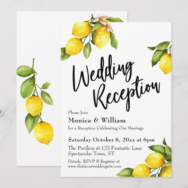 Invitation Typographie de réception de mariage aux citrons à  (Devant / Derrière)