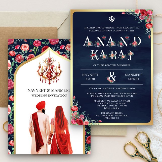 Invitation Typographie de roses rouges Mariage sikh Blue Anan (Créateur téléchargé)