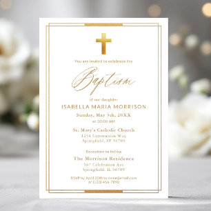 Invitation Typographie de script Gold Cross Chic Élégant Bapt
