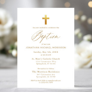 Invitation Typographie de script Gold Cross Chic Élégant Bapt