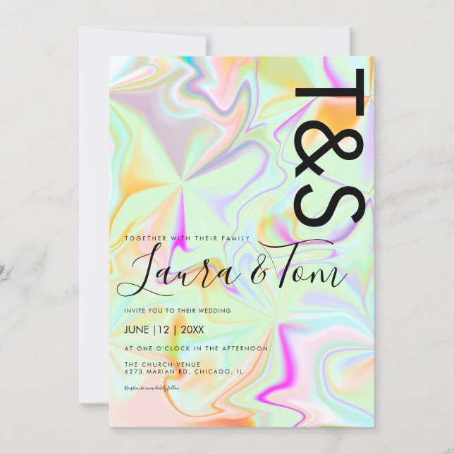 Invitation Typographie de script gras holographique faux rose (Devant)