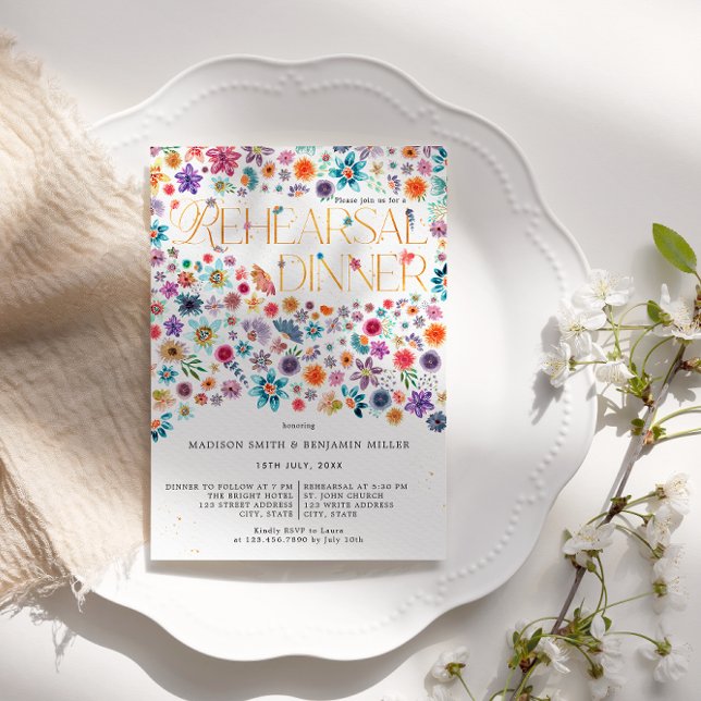 Invitation Typographie d'or Dîner de répétition Mariage flora (Front)