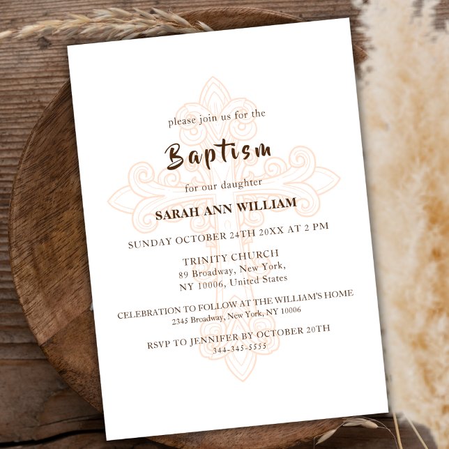 Invitation Typographie d'or moderne rustique Croix Baptême (Rustic Modern Gold Typography Cross Baptism Invitation)