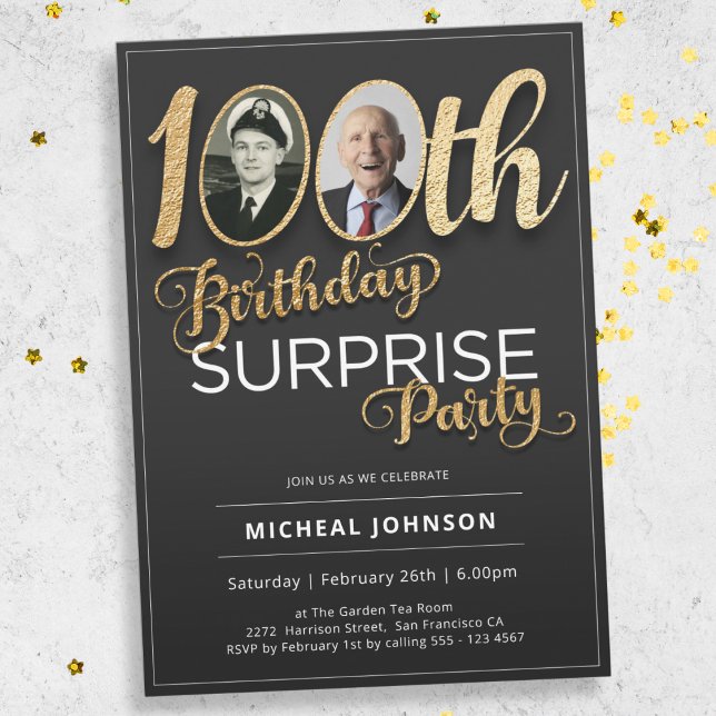 Invitation Typographie d'or Photo Surprise 100e anniversaire (Mockup View)