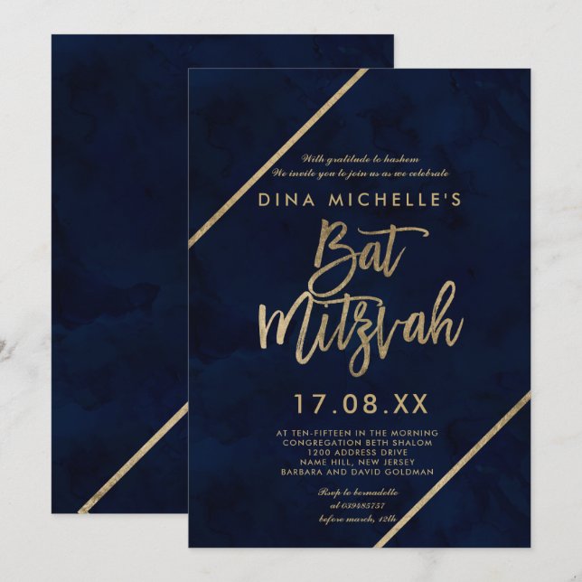 Invitation Typographie dorée baptême de fille bleu de nuit aq (Devant / Derrière)