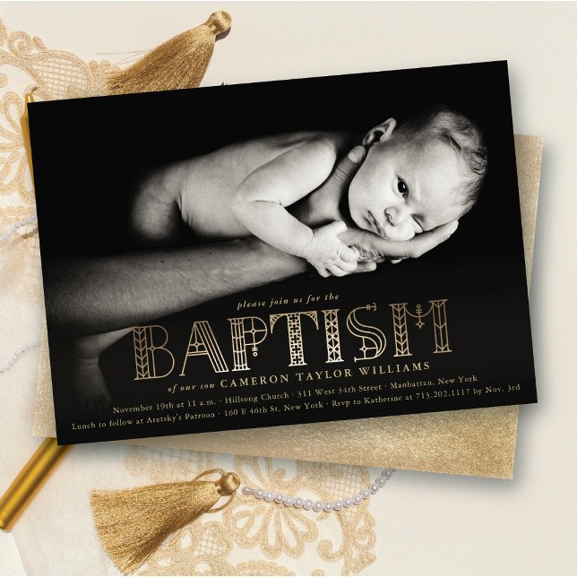 Invitation Typographie dorée élégante et chic pour photo de b (Boho Elegant Faux Gold Foil Stylish Chic Modern Baptism Religious Photo Invitation @ fat_fa_tin)