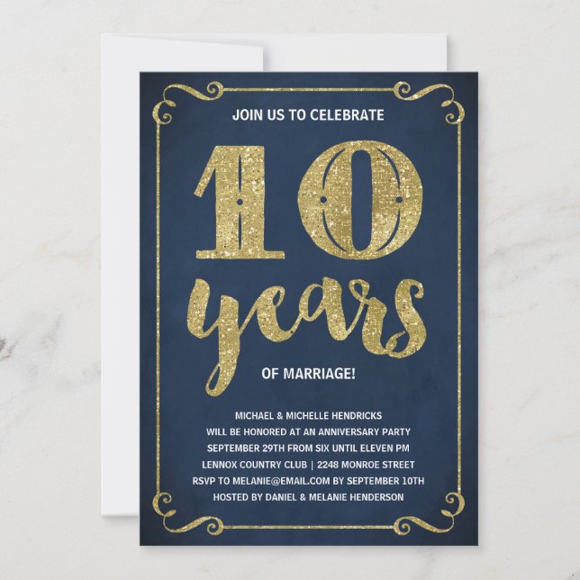 Invitation Typographie dorée | Faux feuille d'or 10e annivers (Devant)