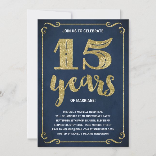 Invitation Typographie dorée | Faux feuille d'or 15e annivers (Devant)