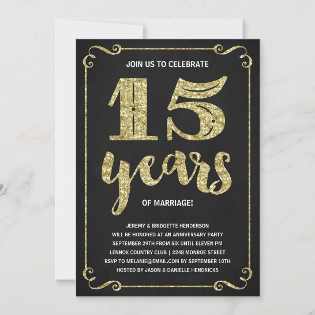 Invitation Typographie dorée | Faux feuille d'or 15e annivers (Devant)