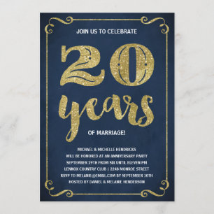 Invitation Typographie dorée Faux feuille d'or 20e annivers