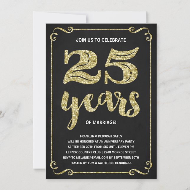 Invitation Typographie dorée | Faux feuille d'or 25e annivers (Devant)