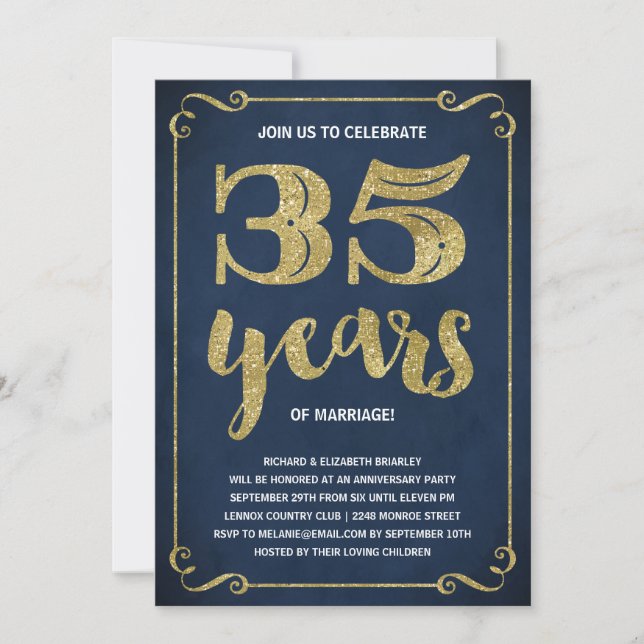 Invitation Typographie dorée | Faux feuille d'or 35e annivers (Devant)