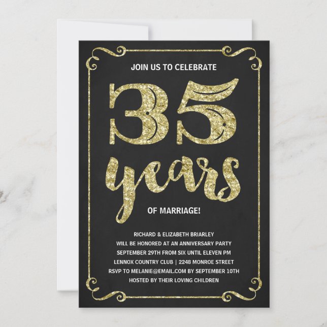 Invitation Typographie dorée | Faux feuille d'or 35e annivers (Devant)