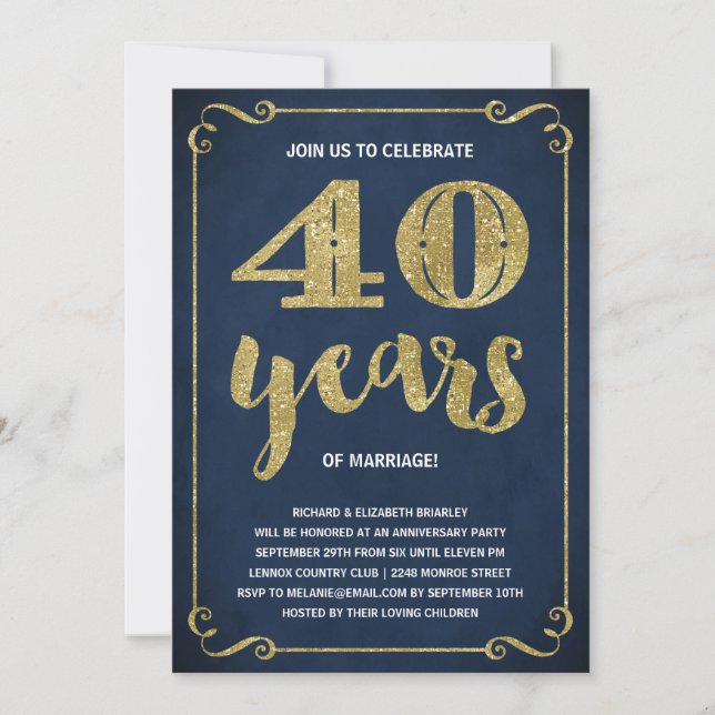 Invitation Typographie dorée | Faux feuille d'or 40e annivers (Devant)