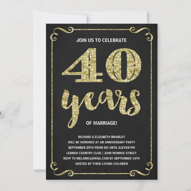 Invitation Typographie dorée | Faux feuille d'or 40e annivers (Devant)