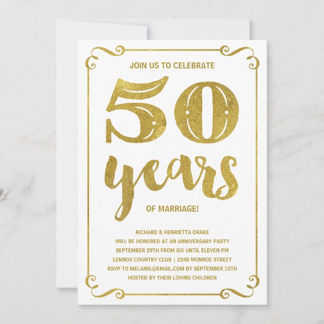 Invitation Typographie dorée | Faux feuille d'or 50e annivers (Devant)